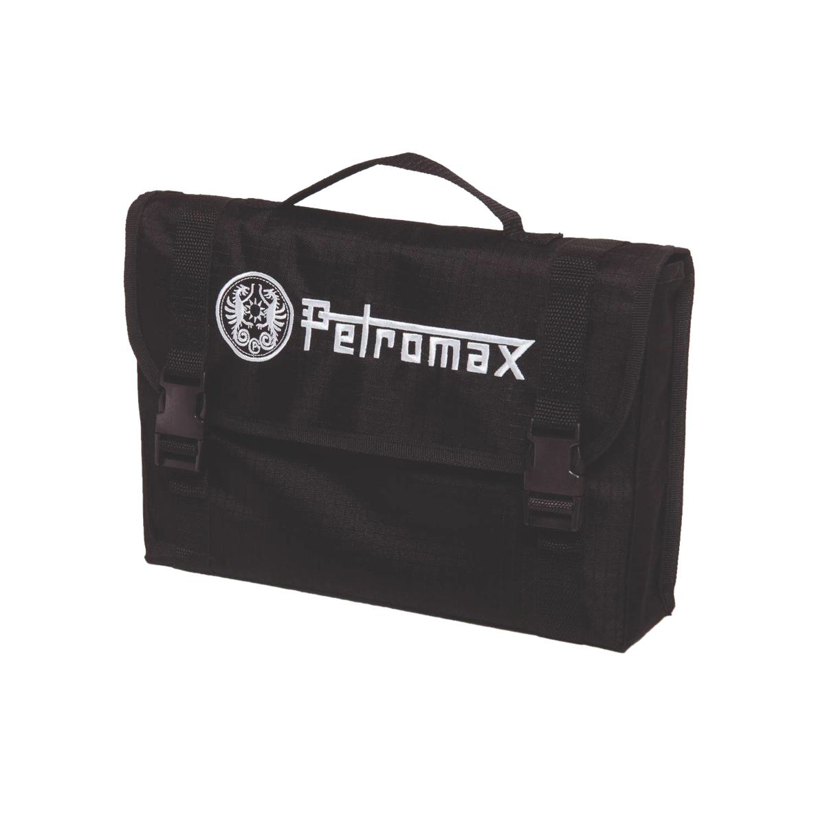 Compact black carrying case with secure buckle closures and handle, featuring a white embroidered logo, designed for convenient storage and transport in Farm, Garden & Tool, Camping, Emergency Supplies, Best Sellers, and Promo Eligible collections.