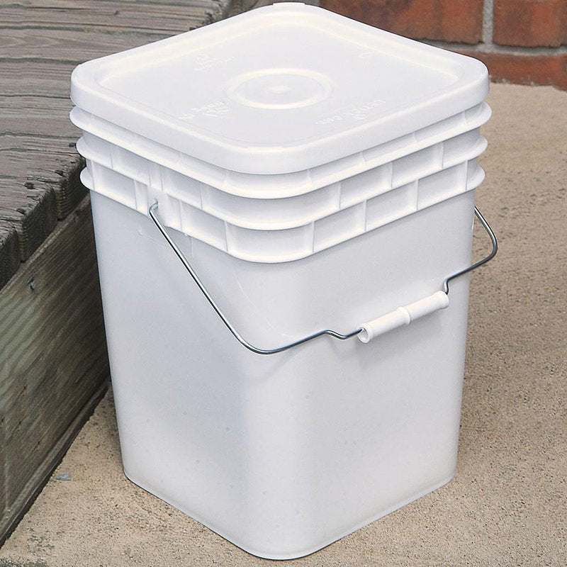 White 4-gallon plastic storage bucket with a tight-fitting lid and a sturdy metal handle, perfect for food storage, tools, and emergency supplies in Farm, Garden & Tool and Kitchen & Food collections.