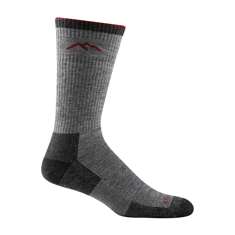 Midweight gray hiking sock with reinforced heel and toe, featuring a red mountain logo, crafted in the USA for durability and comfort in Health & Wellness, Camping, and Clothing collections.
