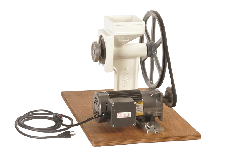 Handcrafted motorization kit with gear-reduced electric motor, pulley, belt, and pre-drilled mounting board for grain mills, made in USA, ideal for Kitchen & Food and Bread Making Supplies.