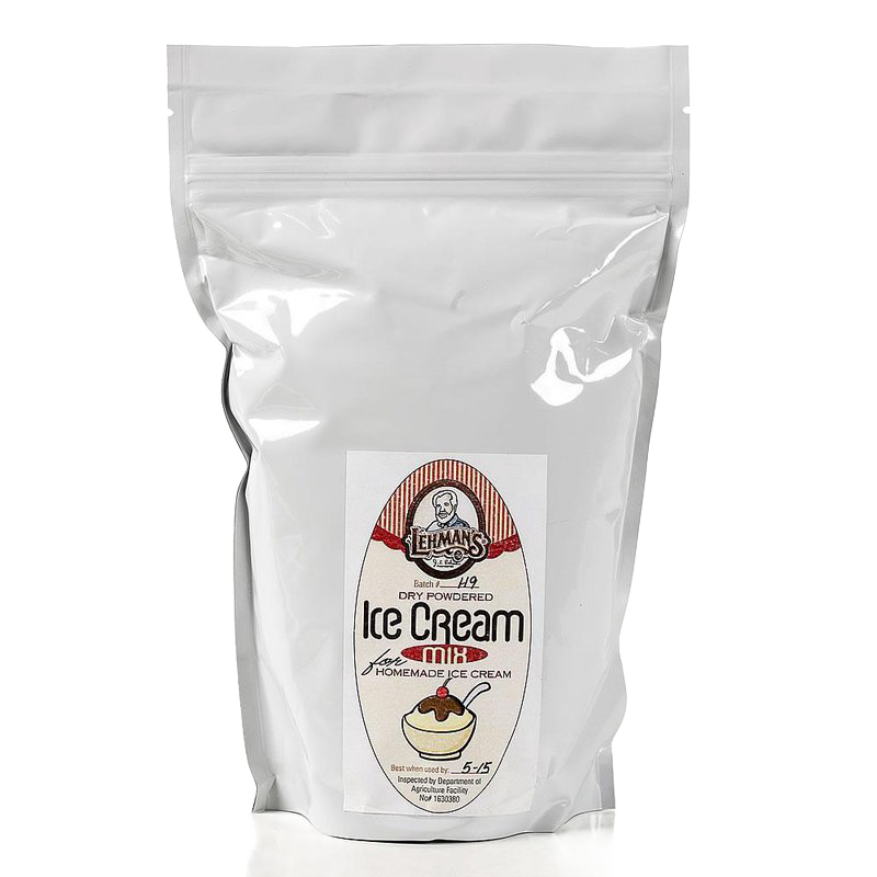 White resealable foil pouch containing handcrafted powdered ice cream mix for making creamy homemade ice cream; featured in Kitchen & Food, Dry Goods and Mixes, and USA Made collections.