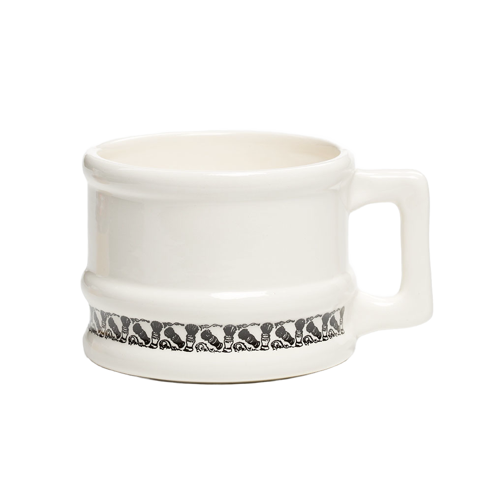 White porcelain shaving mug with black decorative border and sturdy handle, designed for long-lasting use with large soaps, featured in Health & Wellness and Grooming collections.