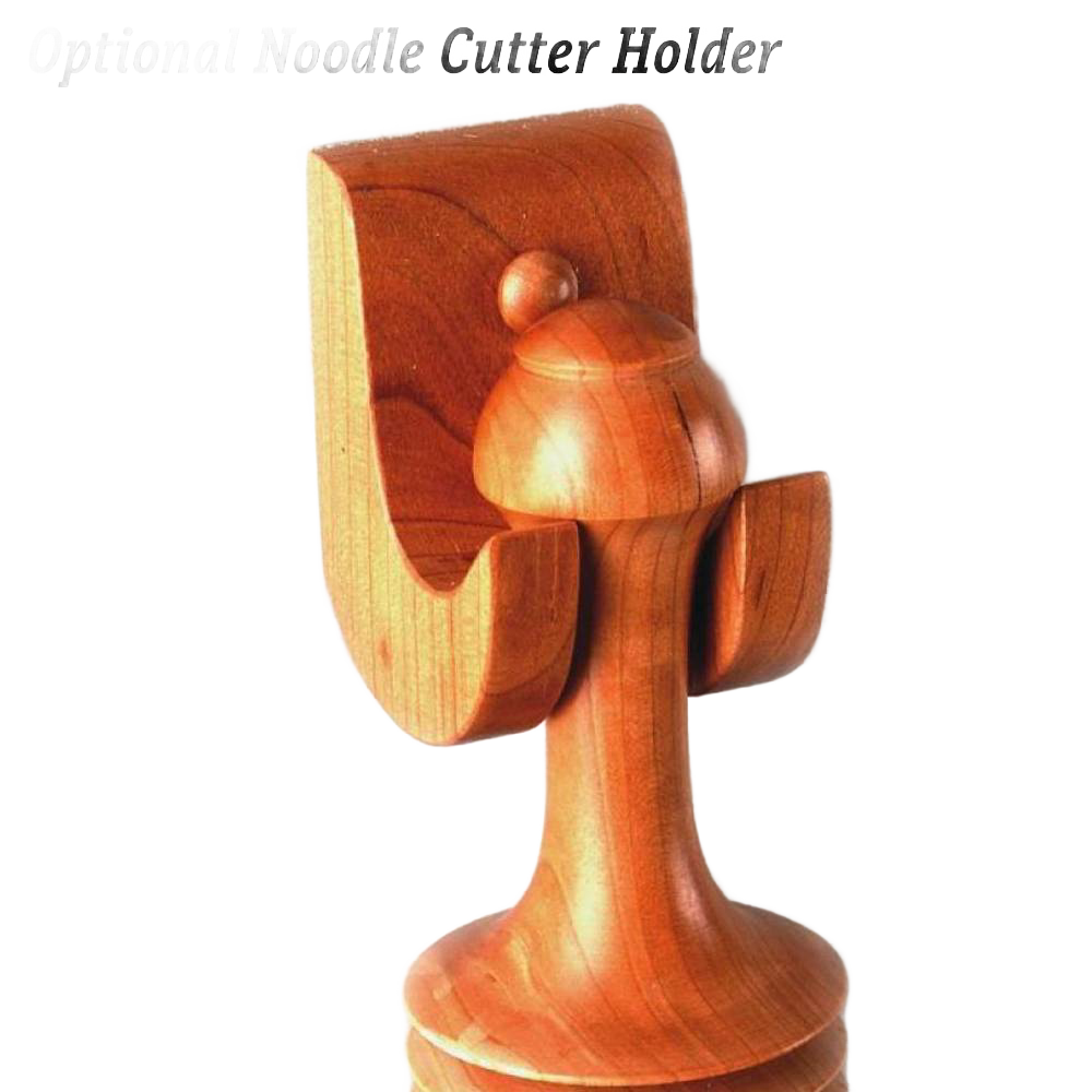 Handcrafted unfinished cherry wood holder with rounded finial and smooth curves, designed for displaying noodle cutter, fitting Kitchen & Food, Food Prep, Amish Made, and USA Made collections.
