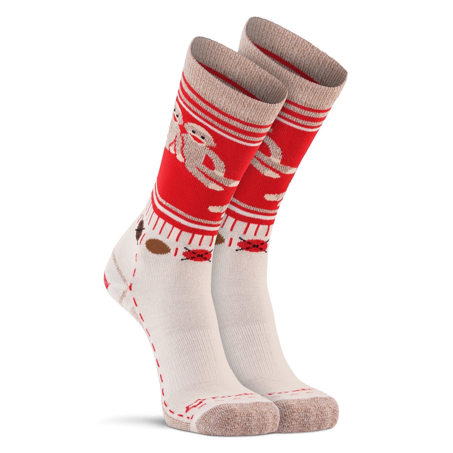 Pair of women's crew socks featuring playful monkey motifs in red and cream with arch support and memory knit construction, made from soft sustainable Merino wool for comfort, part of Health & Wellness, Clothing and Accessories, Best Sellers, and Promo Eligible collections.