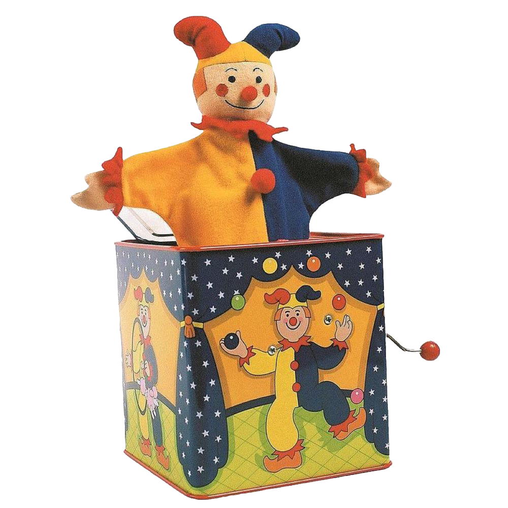 Handcrafted brightly painted musical jack-in-the-box with a colorful jester figure popping out, playing Pop Goes the Weasel, perfect for indoor play and children's toys collections.