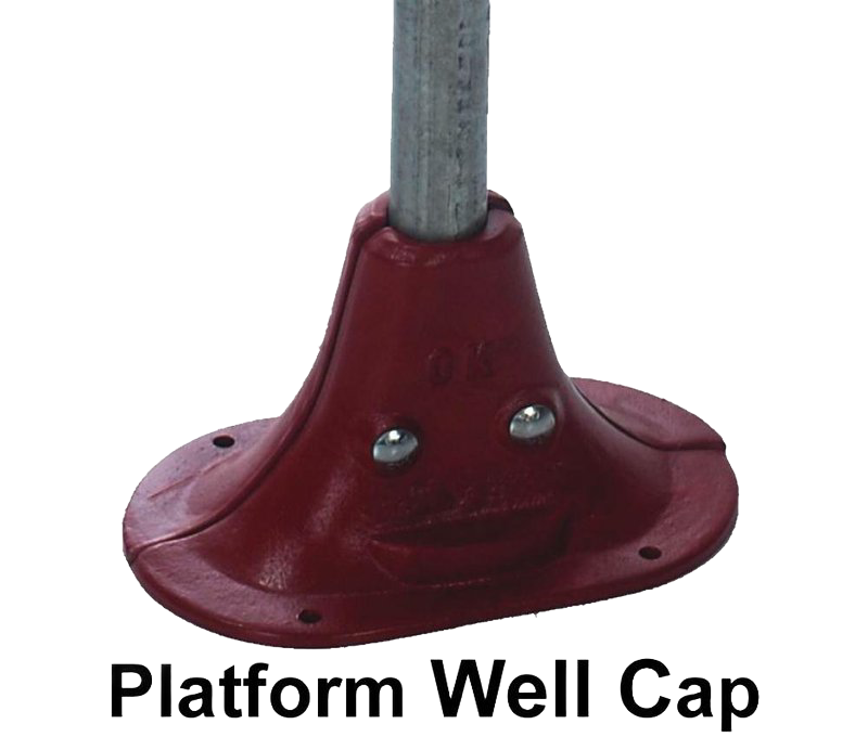 Handcrafted red metal platform well cap with attached vertical pipe, designed for durable deep well pump use; made in USA, featured in Appliances, USA Made, Water Pumps, and Best Sellers collections.