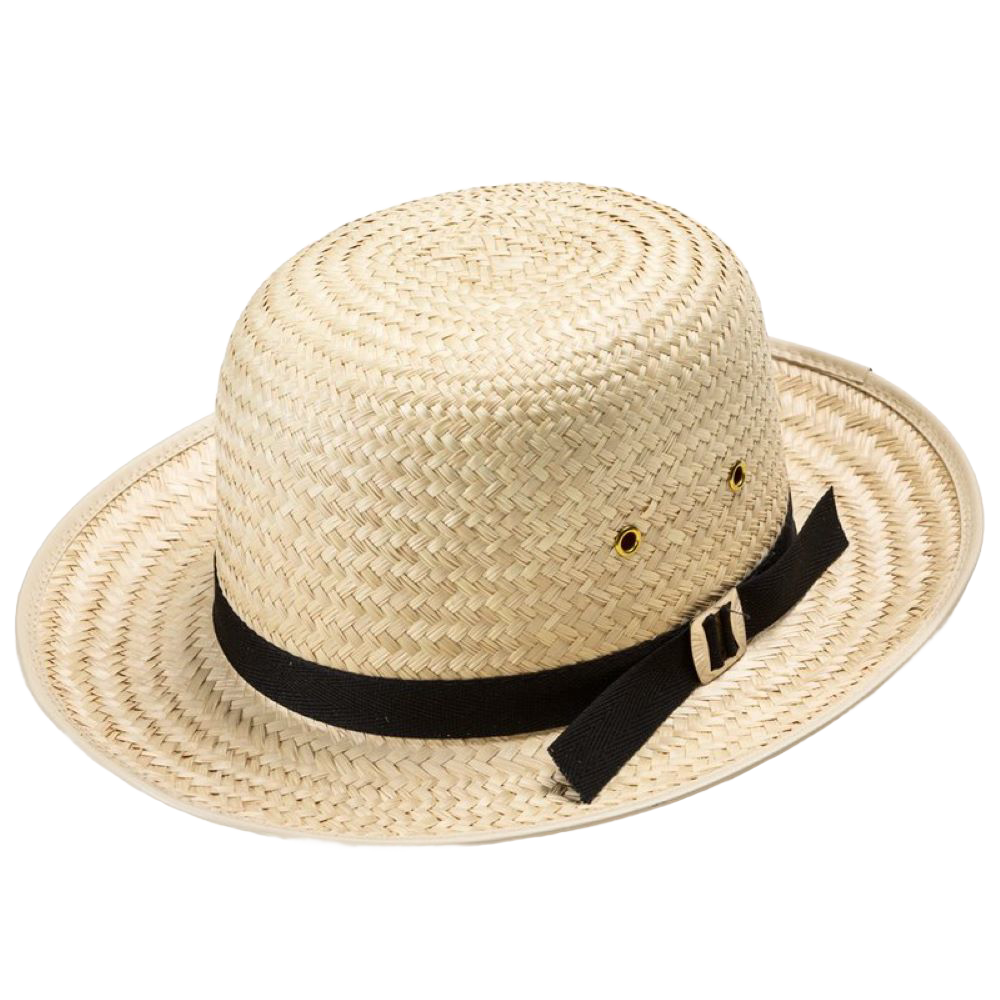 Handcrafted boys’ round natural straw hat with a 2-1/2" brim, black fabric band with buckle, and black cloth sweatband inside; Amish made in USA, featured in Garden Accessories and Best Sellers collections.