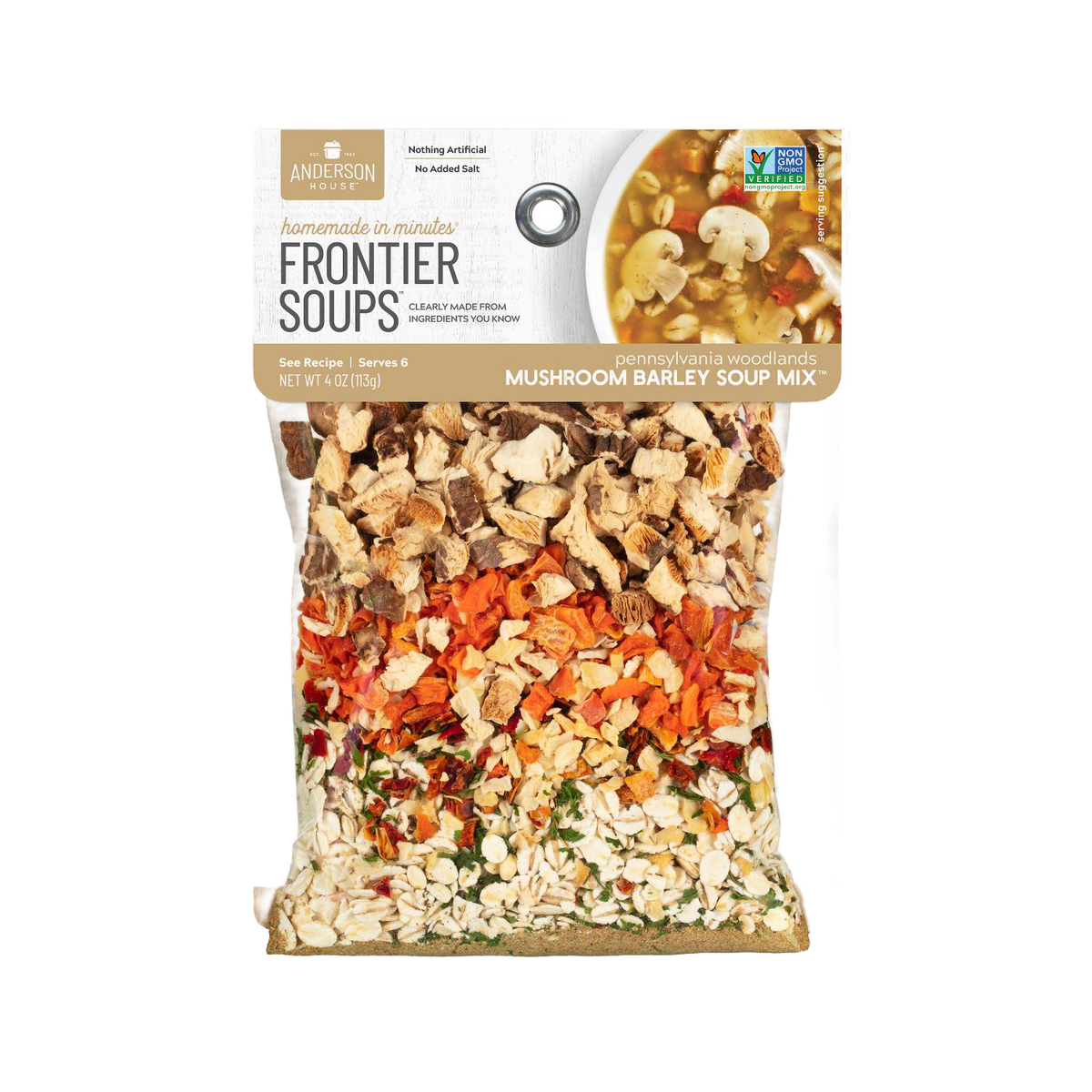 Clear pouch of handcrafted Frontier Mushroom Barley Soup Mix with visible dried mushrooms, carrots, herbs, and barley, made in the USA for Kitchen & Food, Pantry, and Soups collections.