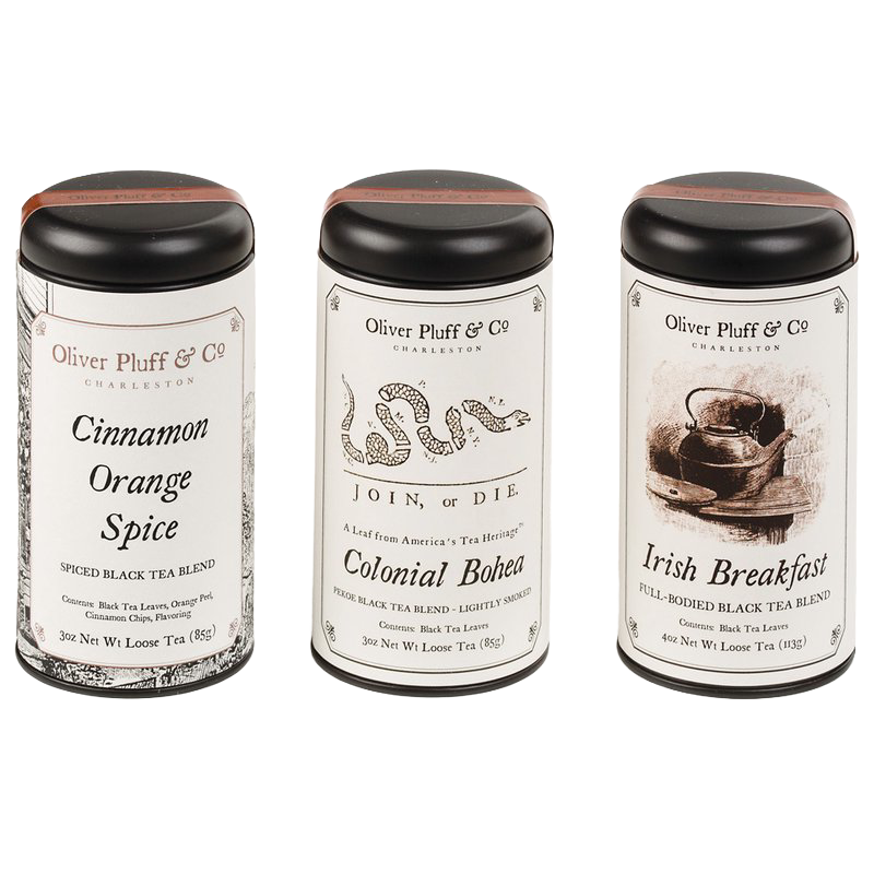 Three handcrafted tins of loose leaf black tea blends including cinnamon orange spice, colonial bohea, and Irish breakfast, made in USA, ideal for Kitchen & Food, Beverages, Best Sellers, and Promo Eligible collections.