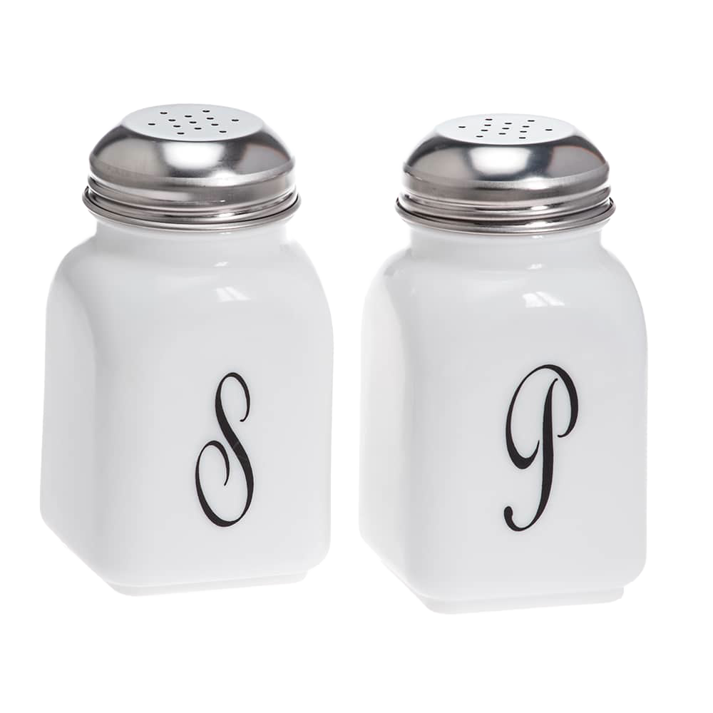 Set of two handcrafted vintage-style glass shakers with black monogram letters "S" and "P," featuring metal tops, made in USA, perfect for Kitchen & Food, Dinnerware, and Storage collections.