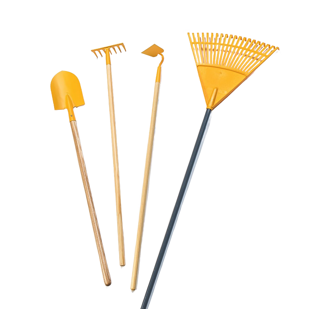 Set of durable real gardening tools for children including a yellow metal shovel, rake, hoe, and leaf rake with wooden handles, ideal for outdoor play and learning in Toys, Children's Toys, Outdoor Play, and Best Sellers collections.