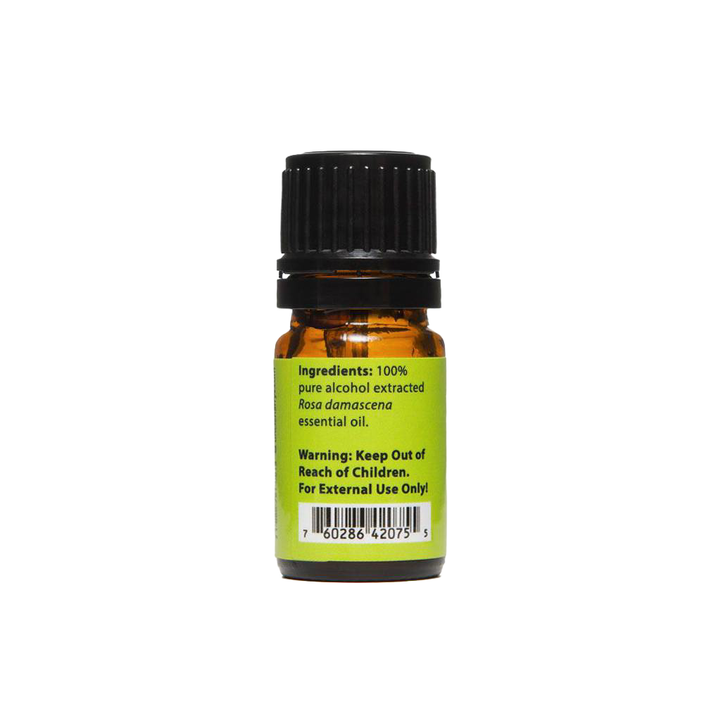 Small amber glass bottle with black screw cap containing 100% pure alcohol extracted Rosa damascena essential oil, handcrafted and made in USA, part of Health & Wellness and Best Sellers collections.