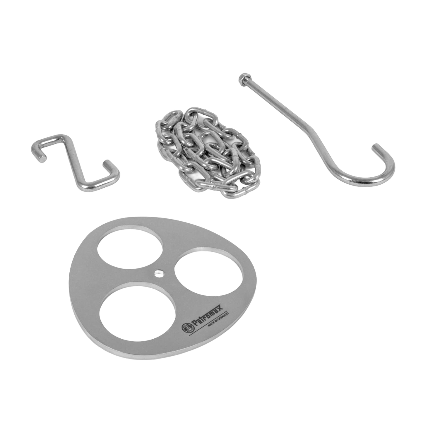 Compact stainless steel lashing set featuring a three-hole disc, sturdy hooks, and a linked chain, designed for building branch tripods in Farm, Garden & Tool, Camping, and Best Sellers collections.