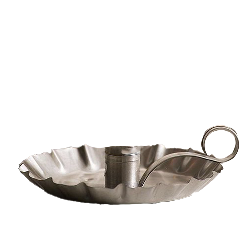 Handcrafted vintage-style metal candle holder with fluted edge and round handle, suitable for dripless candles, featured in Farm, Garden & Tool, Lamps & Lighting, and USA Made collections.