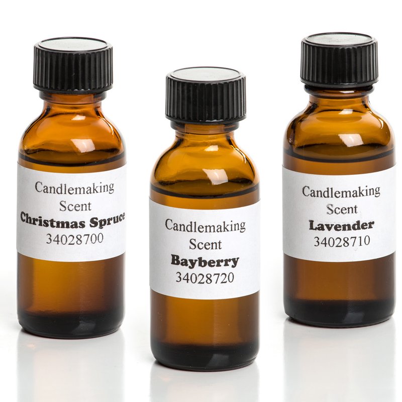 Three amber glass bottles with black caps containing handcrafted candle scents Christmas Spruce, Bayberry, and Lavender, ideal for Lamps & Lighting, Candles and Candlemaking, and Candlemaking Supplies collections.