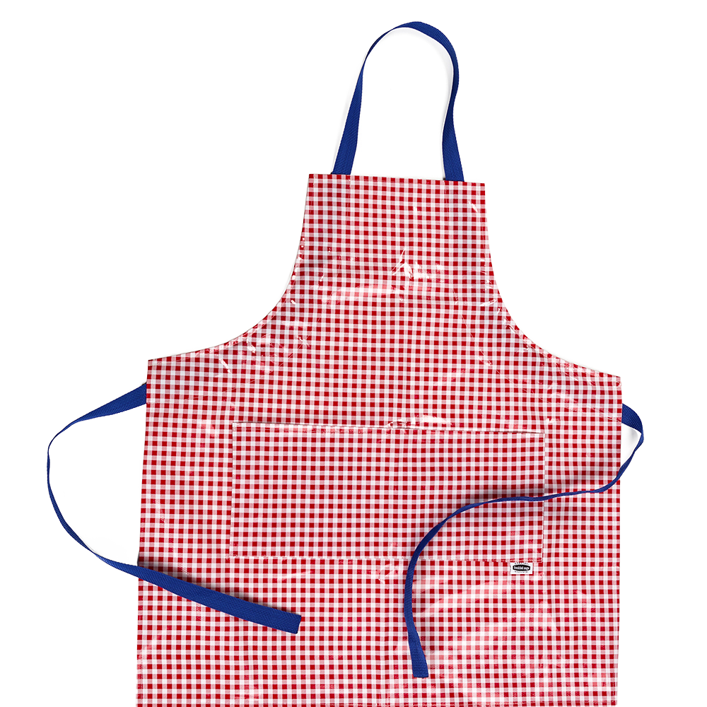 Handcrafted vinyl apron with a classic red and white checkered pattern, adjustable navy straps, and two spacious pockets, perfect for Kitchen & Food, Kitchen Accessories, and USA Made collections.