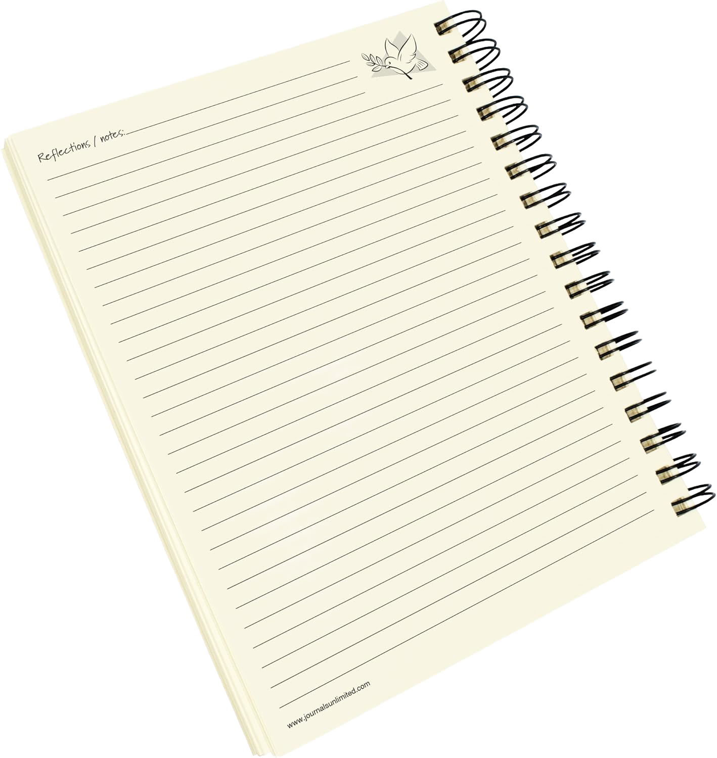 Open spiral-bound journal page with lined sections and a small dove illustration in the corner, designed for reflections and notes, part of heritage and lifestyle books collection.