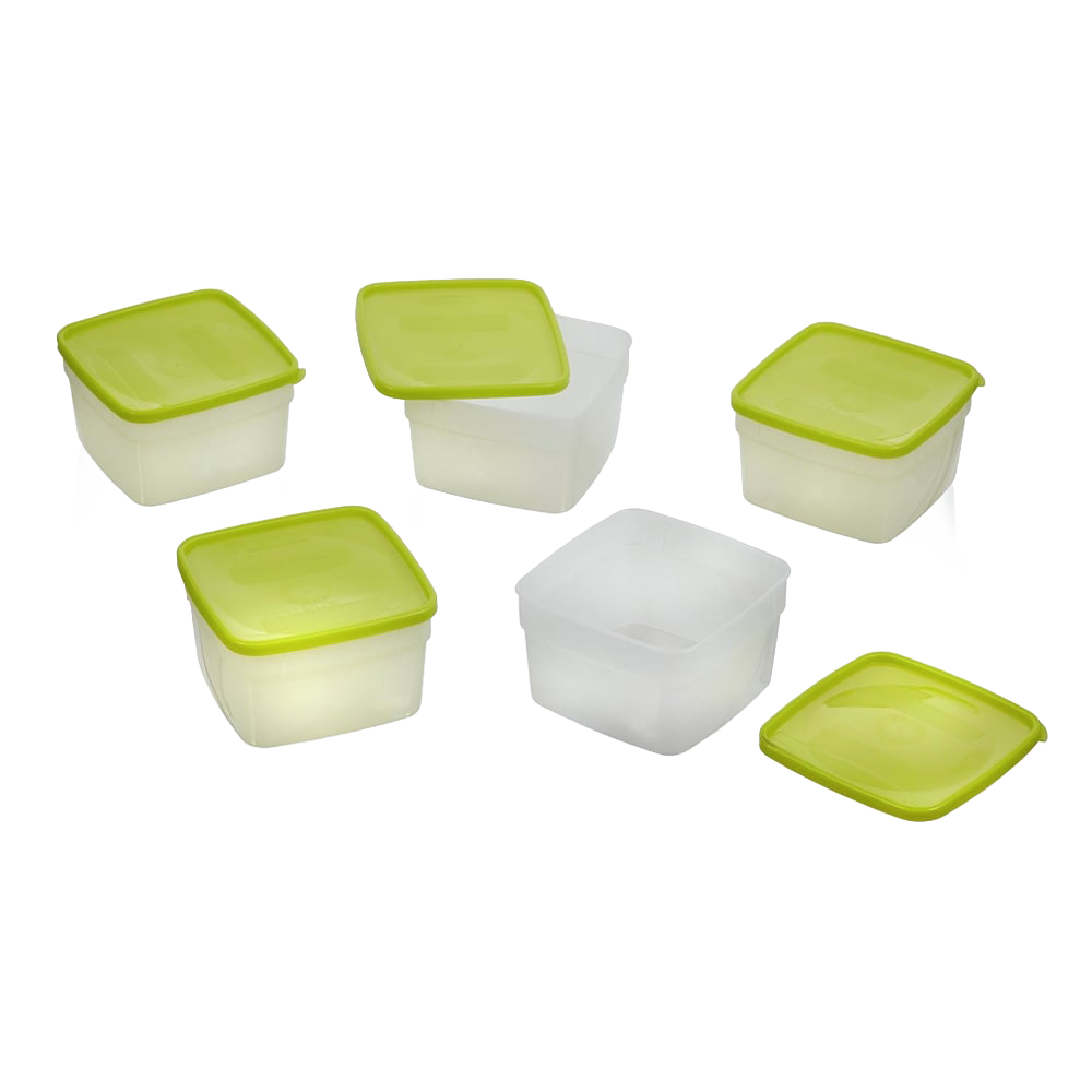 Set of heavy-duty 1-pint freezer storage containers with translucent plastic bodies and bright green lids, ideal for Kitchen & Food, Food Preservation, Freezing, Storage, and USA Made collections.