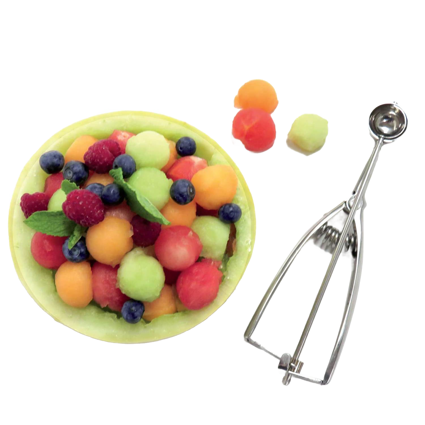 Handcrafted stainless steel scoop with spring release beside a melon bowl filled with assorted melon balls, blueberries, and raspberries, ideal for Kitchen & Food, Cookware, Baking Supplies, Kitchen Gadgets, and Best Sellers collections.
