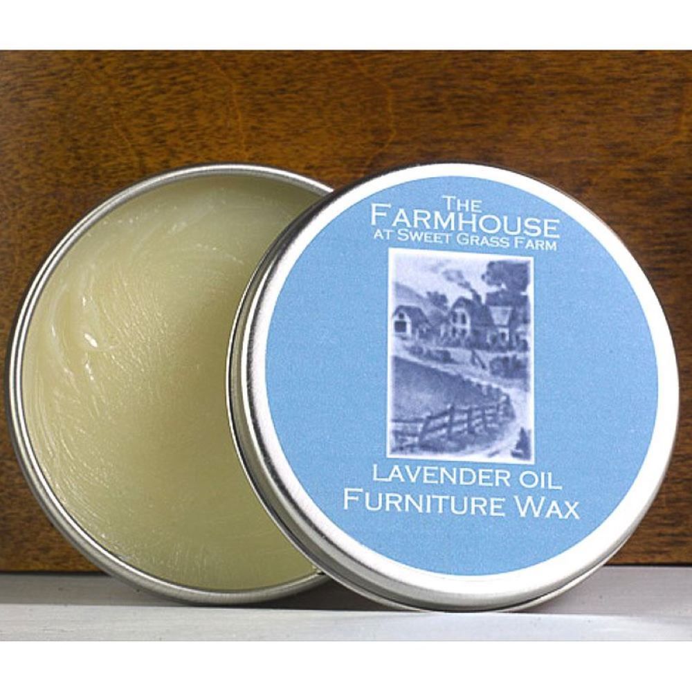 Open tin of nourishing farmhouse furniture wax with lavender oil scent, showcasing a blue label featuring vintage rural illustration, ideal for Home & Decor and Household Cleaning collections.