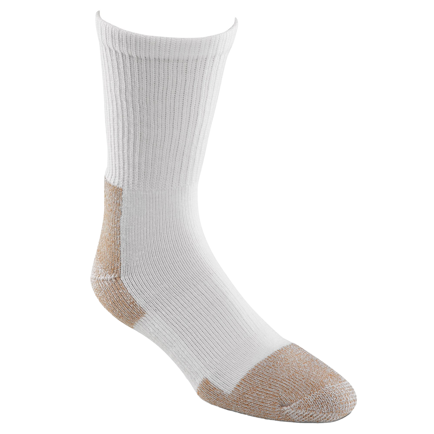 White heavyweight crew sock with reinforced tan heel and toe, designed for durability and comfort during tough workdays, part of Health & Wellness and USA Made collections.