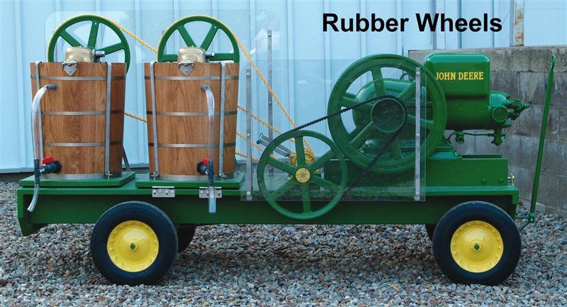 Ice cream trailer featuring two wooden 5-gallon freezers with green John Deere 3 hp engine, mounted on solid rubber wheels for Kitchen & Food, Specialty Equipment, and Making Ice Cream collections.
