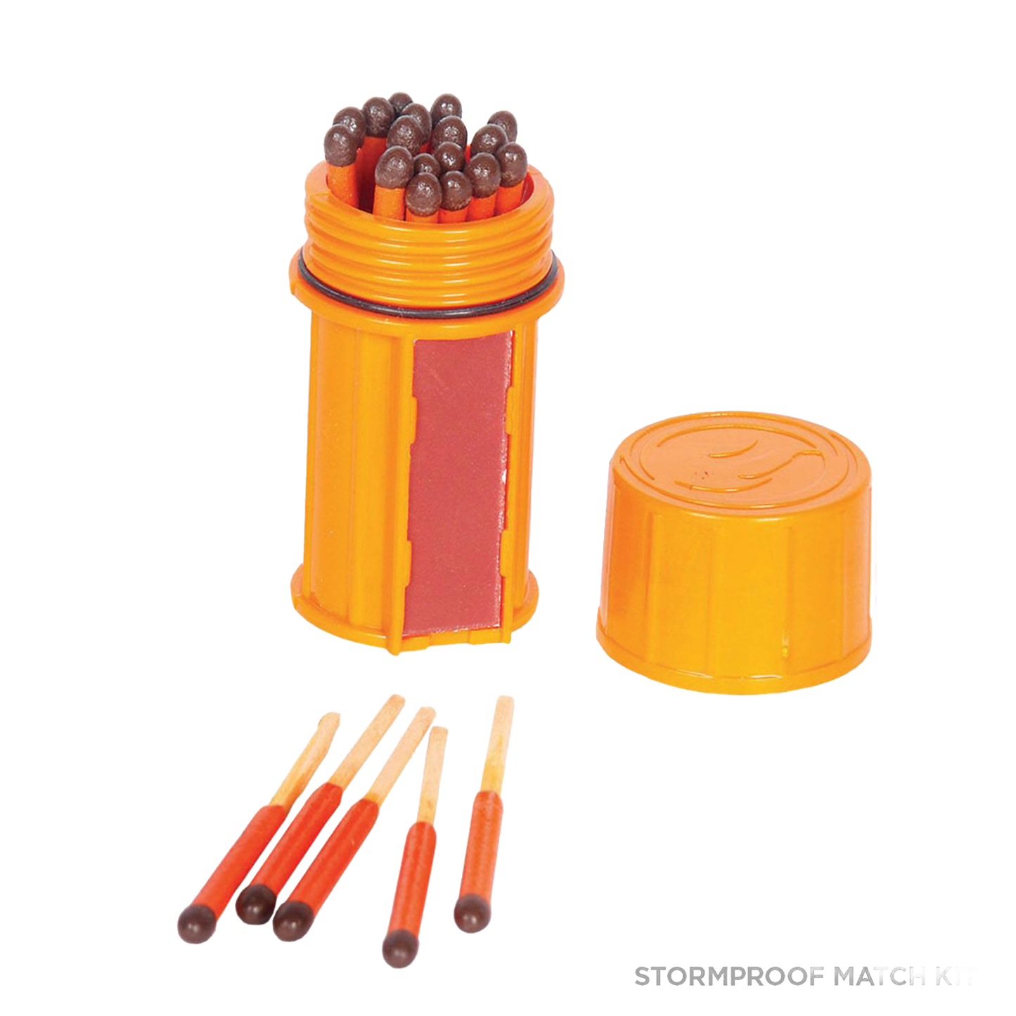 Compact waterproof orange container filled with safety matches, designed for reliable fire starting in outdoor, camping, farm, garden, and emergency supply use.