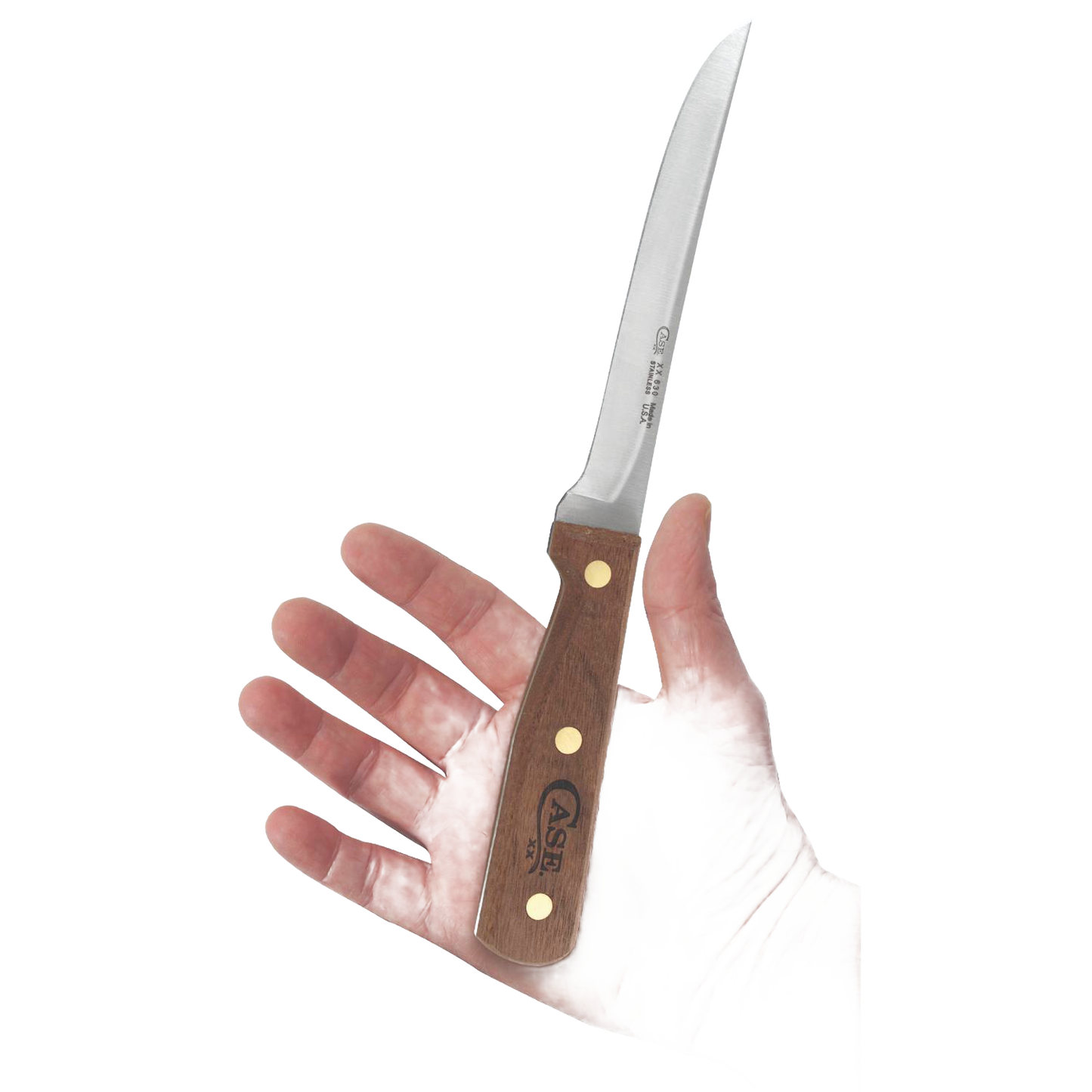 Handcrafted boning knife with smooth wooden handle and sharp curved blade held in hand, designed for precise food preparation in Kitchen & Food and USA Made collections.