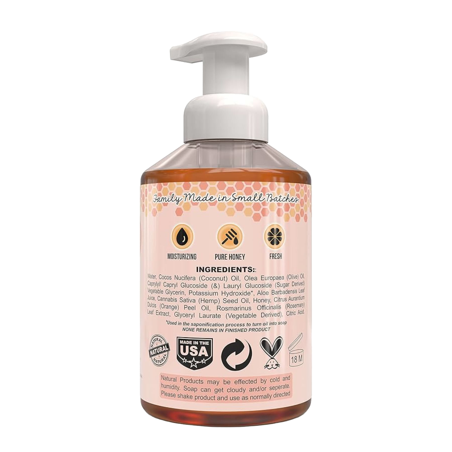 Back view of a 16 fl oz clear pump bottle with natural foaming hand soap made in small batches in the USA, highlighting moisturizing honey and fresh ingredients, ideal for Health & Wellness and Soaps collections.