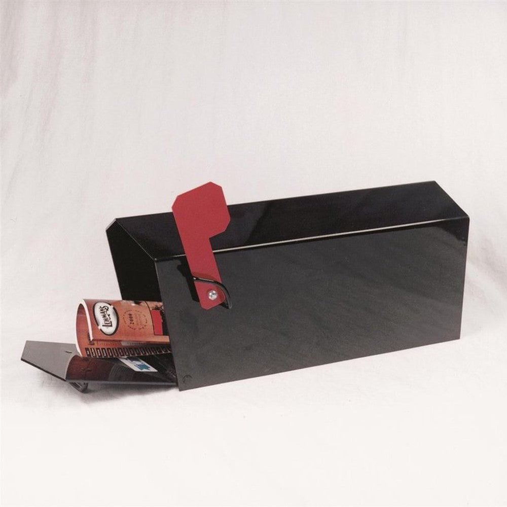 Sturdy black steel mailbox with red flag, designed for durability and security, ideal for Home & Decor, Farm, Garden & Tool, and USA Made collections.