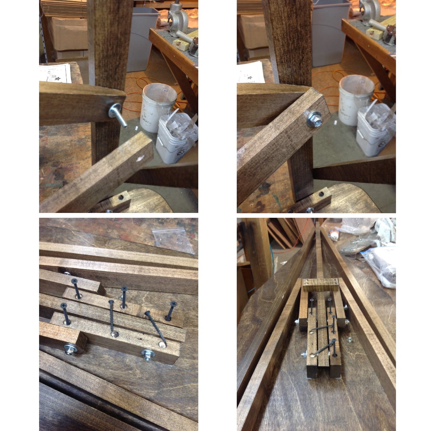 Detailed close-up images of handcrafted wooden components and hardware assembly using bolts and screws on maple and birch wood for a durable, Amish-made ironing board in Home & Decor and USA Made collections.