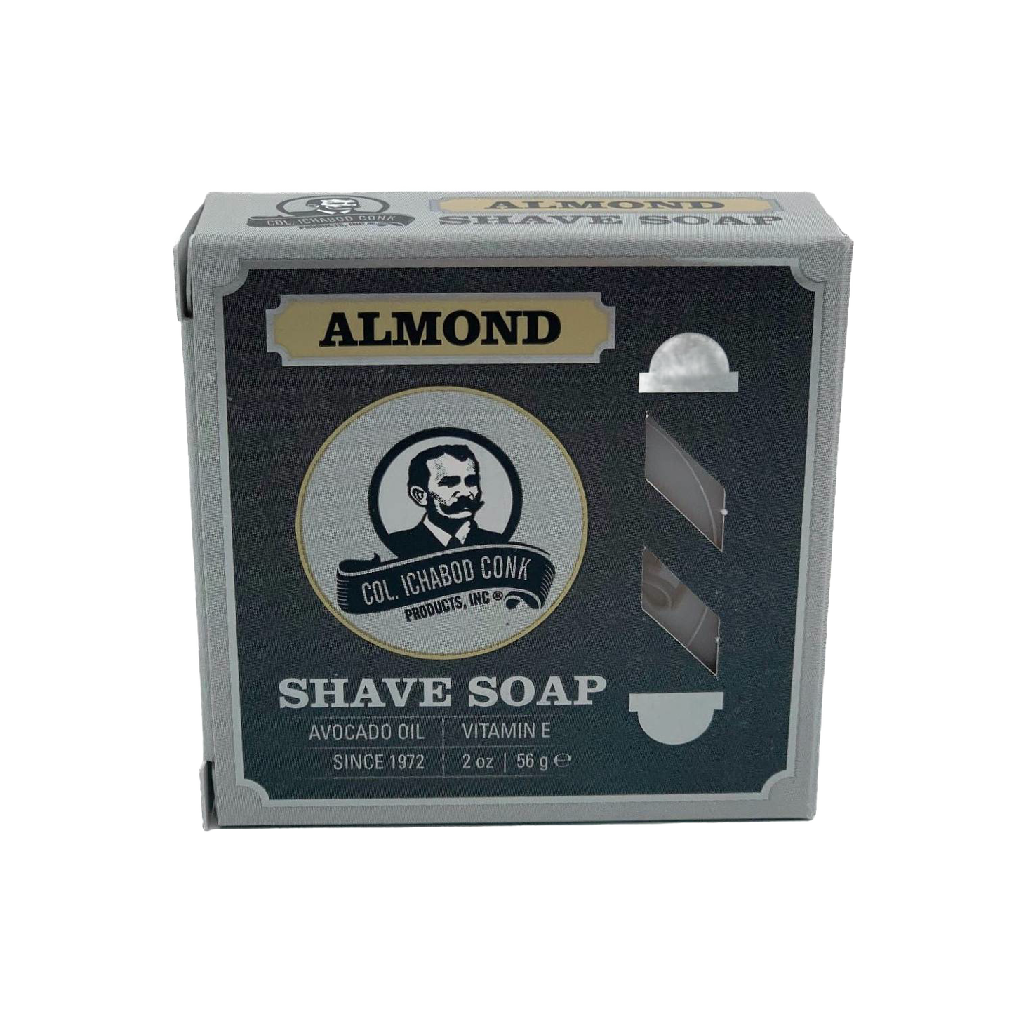 Small almond-scented shaving soap packaged in a box featuring avocado oil and vitamin E, handcrafted in USA, part of Health & Wellness, Grooming and Personal Hygiene, Soaps and Soapmaking, USA Made, Best Sellers, and Promo Eligible collections.
