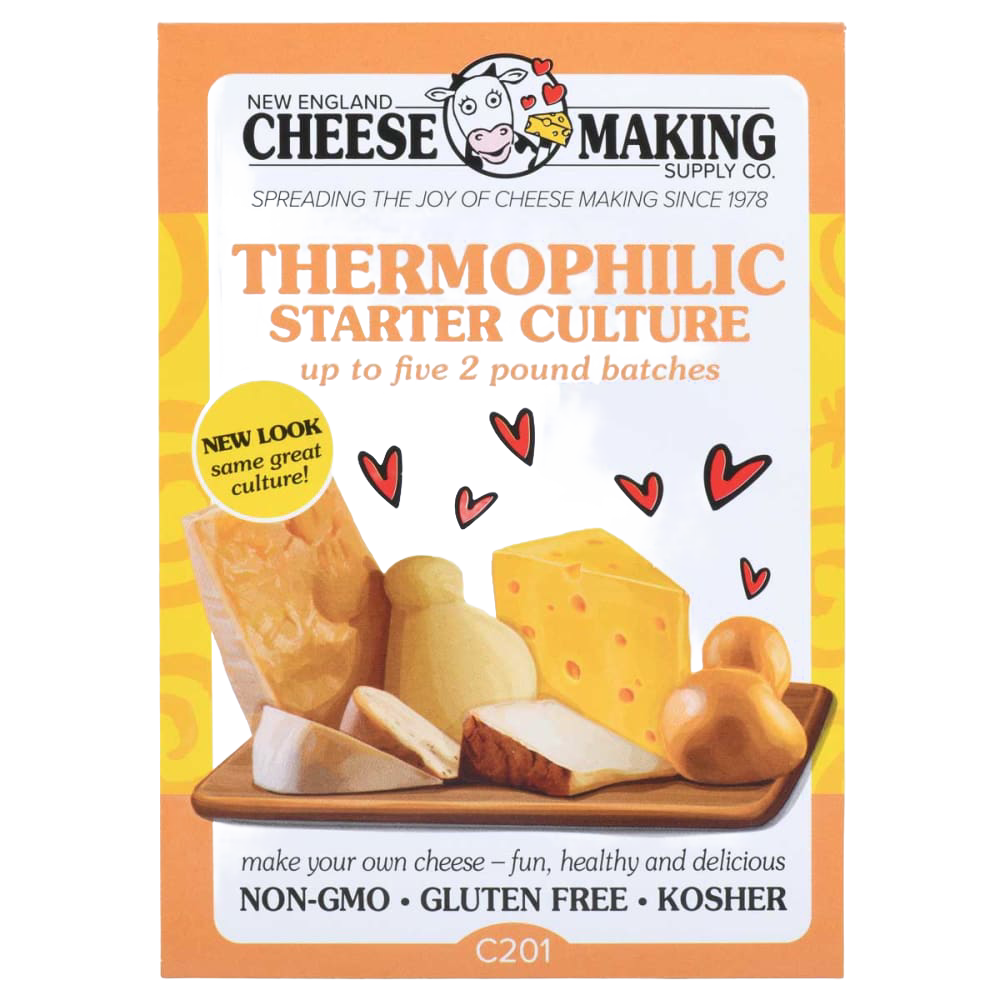 Box of thermophilic starter culture featuring illustrations of assorted cheeses and dairy items, suitable for Kitchen & Food, Specialty Equipment, DIY Cheese and Yogurt, Best Sellers, Promo Eligible, and Sale collections.
