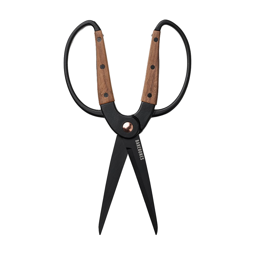 Gardening scissors with rust-resistant steel blades and wide walnut handles, designed for comfortable use with gloves, part of Farm, Garden & Tool and Garden Accessories collections.