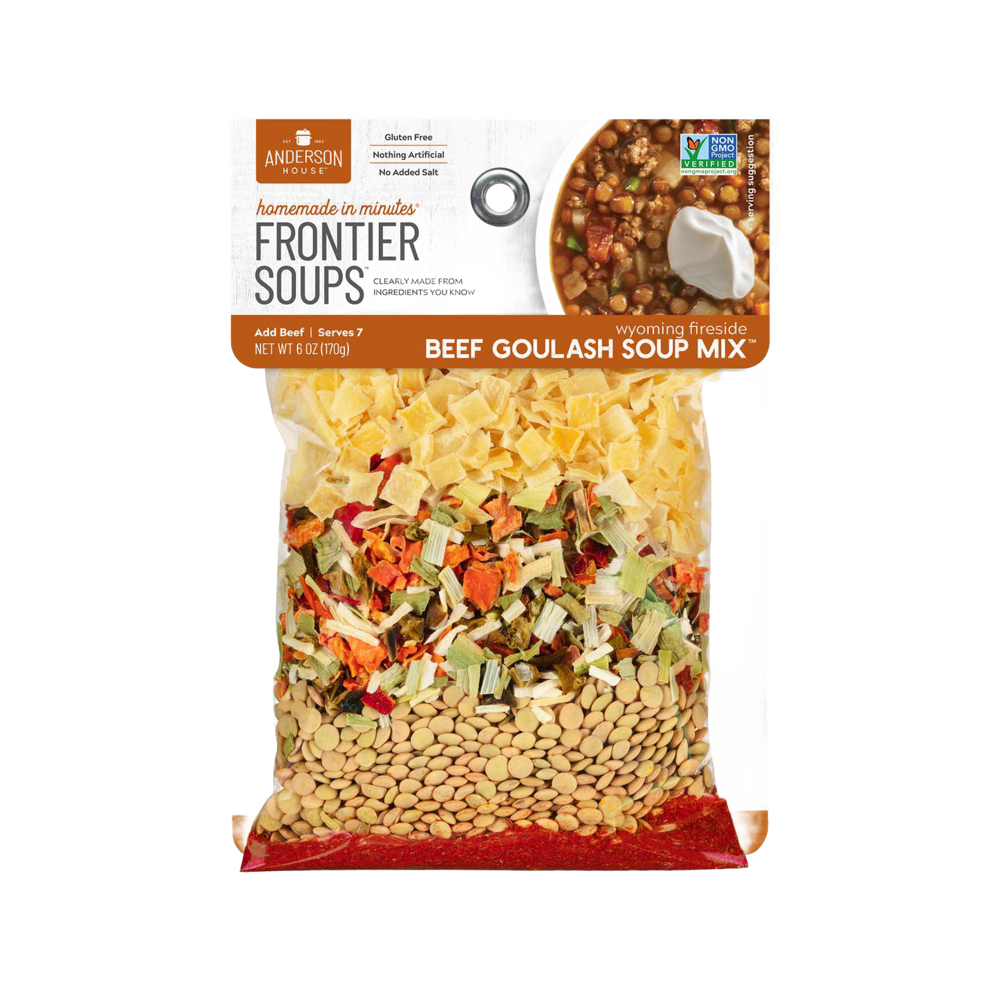 Clear bag of handcrafted gluten-free beef goulash soup mix featuring natural dried lentils, vegetables, and pasta; part of Kitchen & Food, Pantry, Dry Goods and Mixes, Soups, Best Sellers, and Promo Eligible collections.