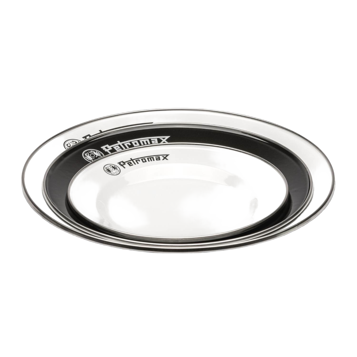 Set of two durable enamel plates in black and white with Petromax logo, lightweight and heat-resistant, suited for Farm, Garden & Tool, Kitchen & Food, Camping, Dinnerware, Best Sellers, and Promo Eligible collections.