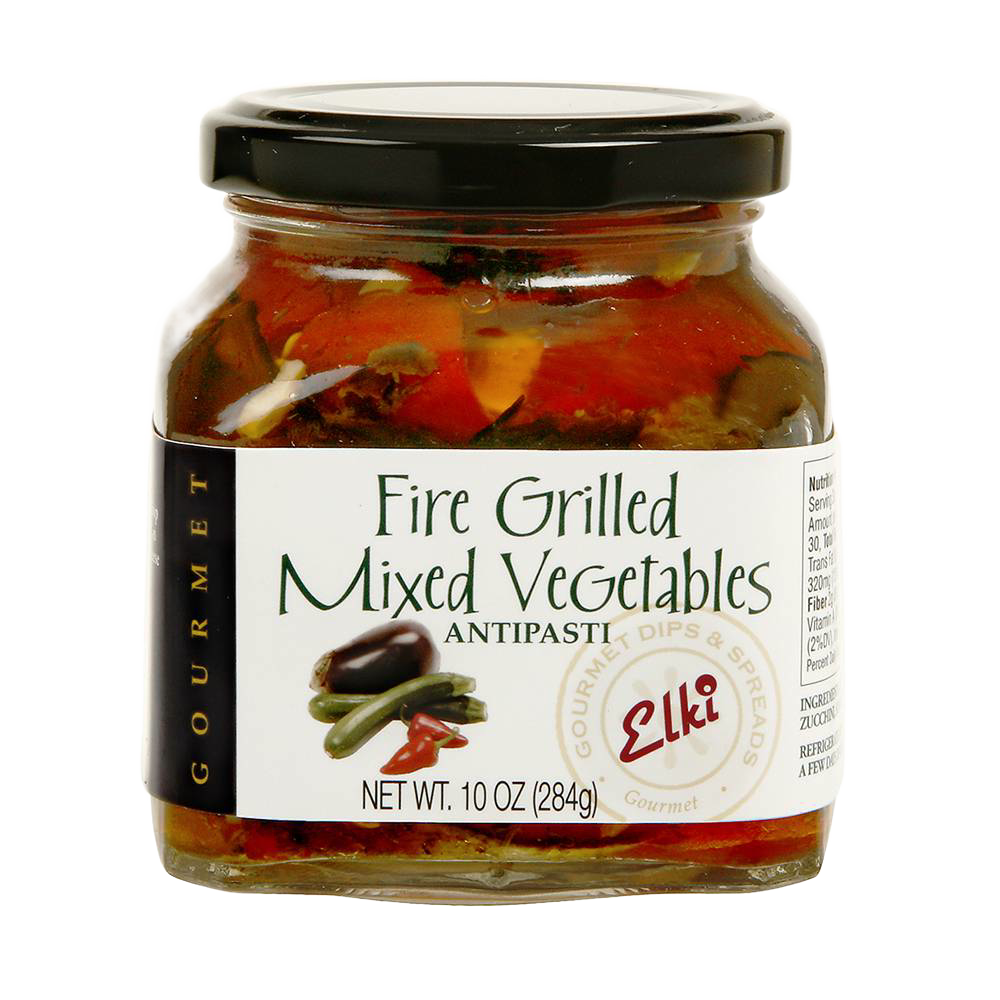 Glass jar of handcrafted fire-grilled mixed vegetables antipasti with vibrant red peppers and zucchini, perfect for Kitchen & Food, Food, Pantry, Best Sellers, and Promo Eligible collections.