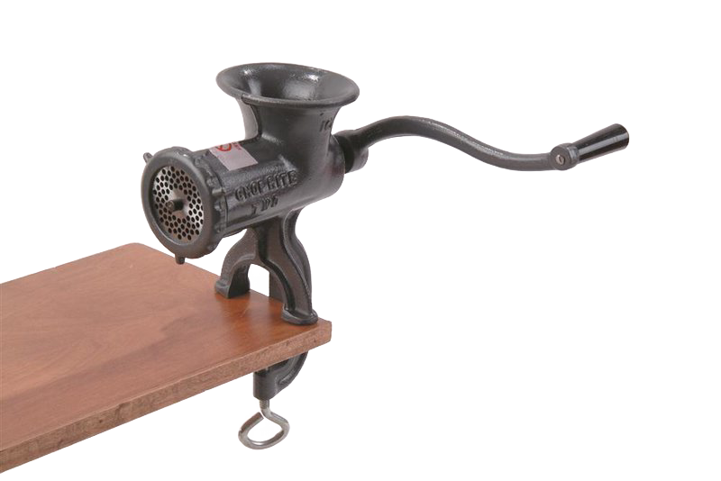 Black clamp-down meat grinder with a long hand crank attached to a wooden surface, featuring a tough Xylon coating and FDA-approved finish, ideal for Kitchen & Food, Specialty Equipment, Butchering Supplies, USA Made, Best Sellers, and Promo Eligible collections.