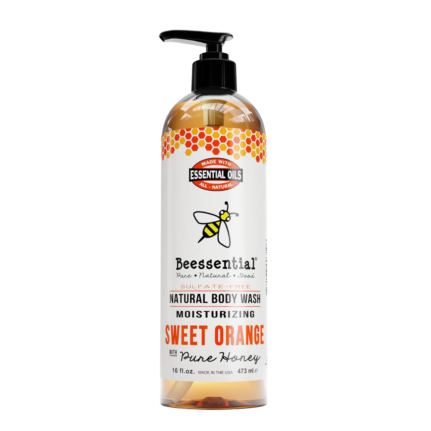 Handcrafted natural body wash with sweet orange and pure honey scent in a 16 oz pump bottle, sulfate-free and made in USA, featured in Health & Wellness, Grooming, Soaps, and Best Sellers collections.