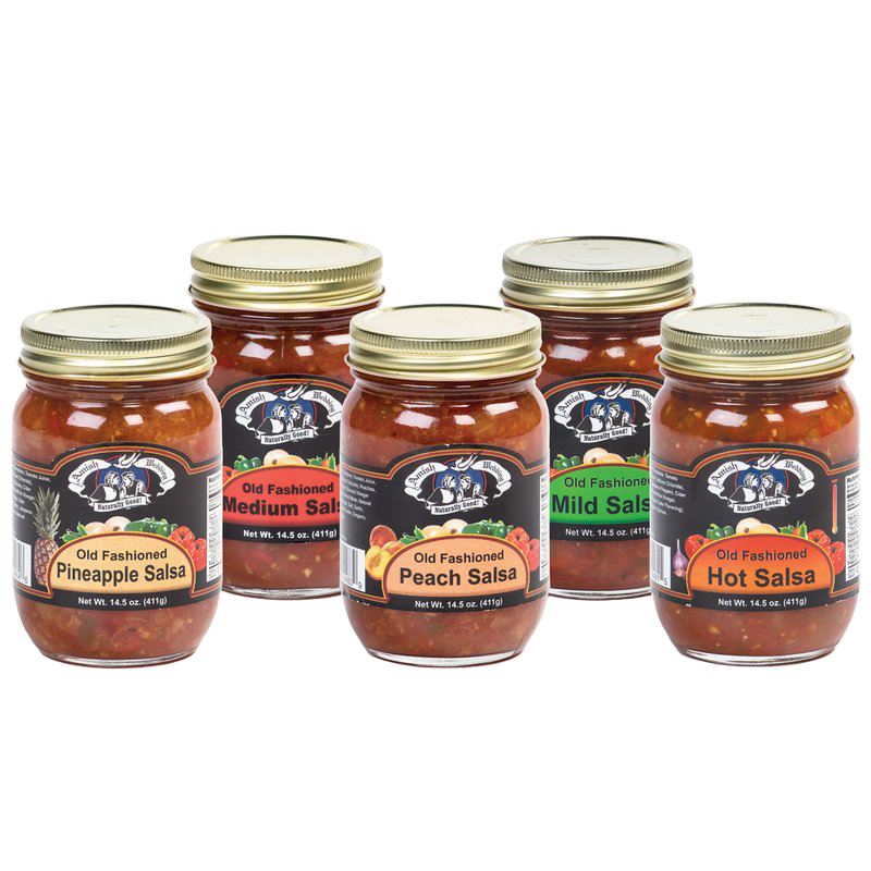 Five glass jars of handcrafted Amish-style kettle-cooked salsa in pineapple, medium, peach, mild, and hot varieties with naturally thick, chunky texture, made in USA, perfect for Kitchen & Food, Snacks and Sweets, Pantry, USA Made, Best Sellers, and Promo Eligible collections.