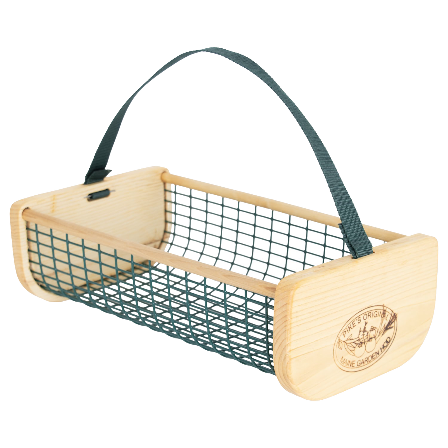 Handcrafted garden hod with smooth wooden ends engraved with logo, sturdy wire mesh body, and black carrying strap, part of Farm, Garden & Tool, Garden Accessories, USA Made, Best Sellers, and Promo Eligible collections.