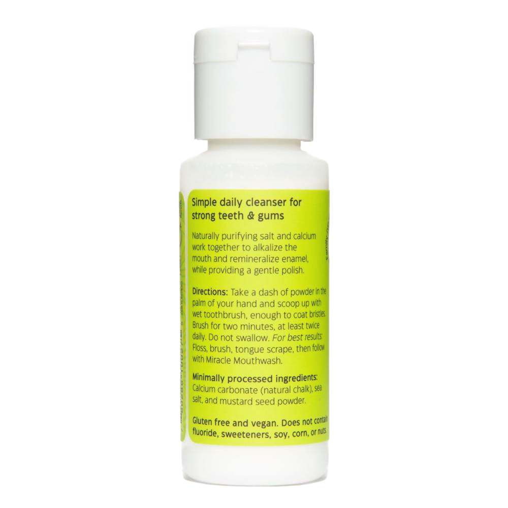 White plastic 2 oz bottle with bright green label describing natural tooth powder ingredients, daily use directions, and benefits for strong teeth and gums, featured in Health & Wellness, Grooming, and USA Made collections.