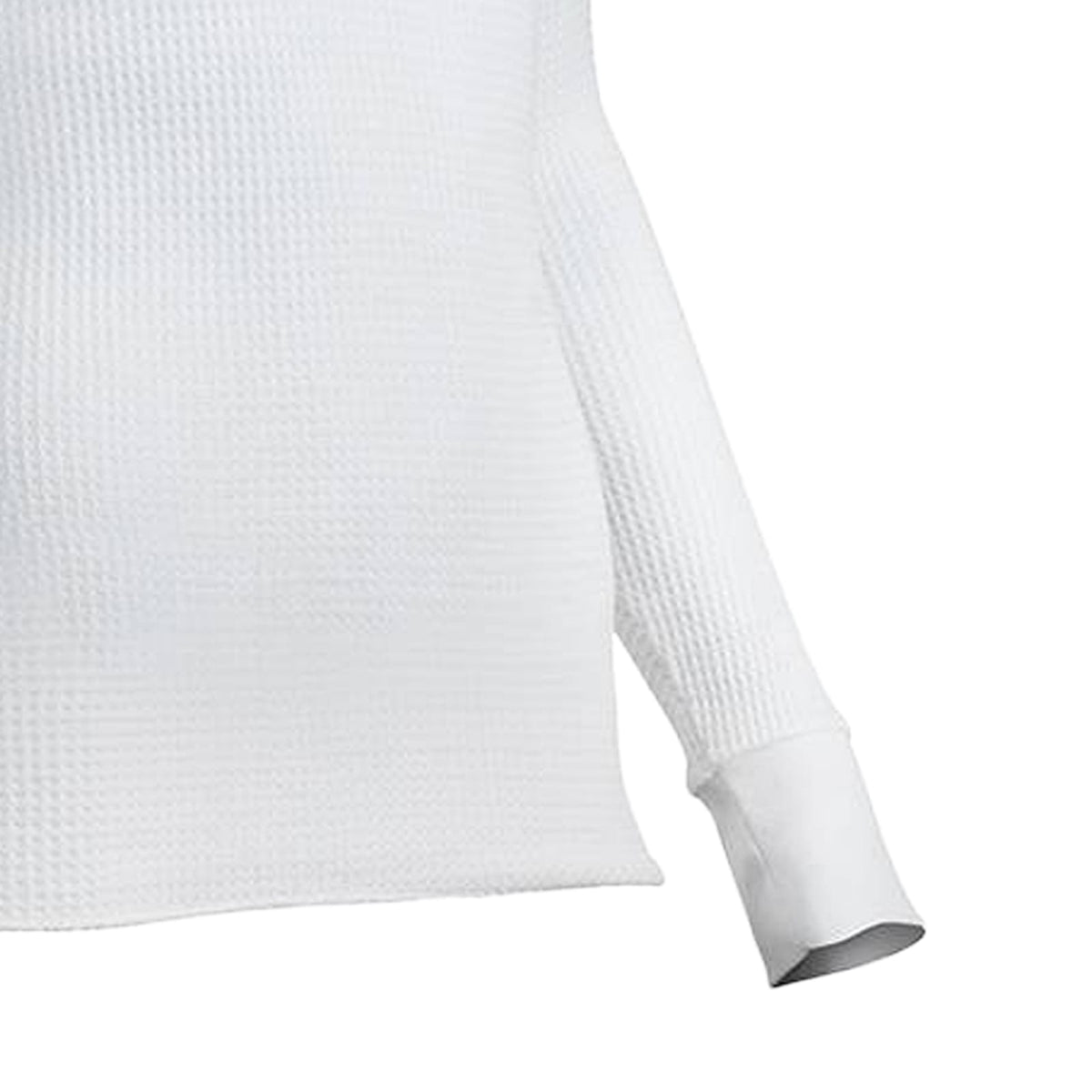 Close-up of a handcrafted cotton-rich waffle knit fabric in a white slim-fit thermal shirt sleeve, designed for warmth and comfort, featured in Health & Wellness and Clothing collections.