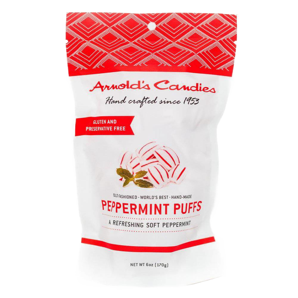 Single white bag with a red diamond pattern top containing handcrafted peppermint puffs, gluten and preservative free, made in the USA, ideal for Kitchen & Food, Snacks and Sweets, USA Made, Best Sellers, and Promo Eligible collections.