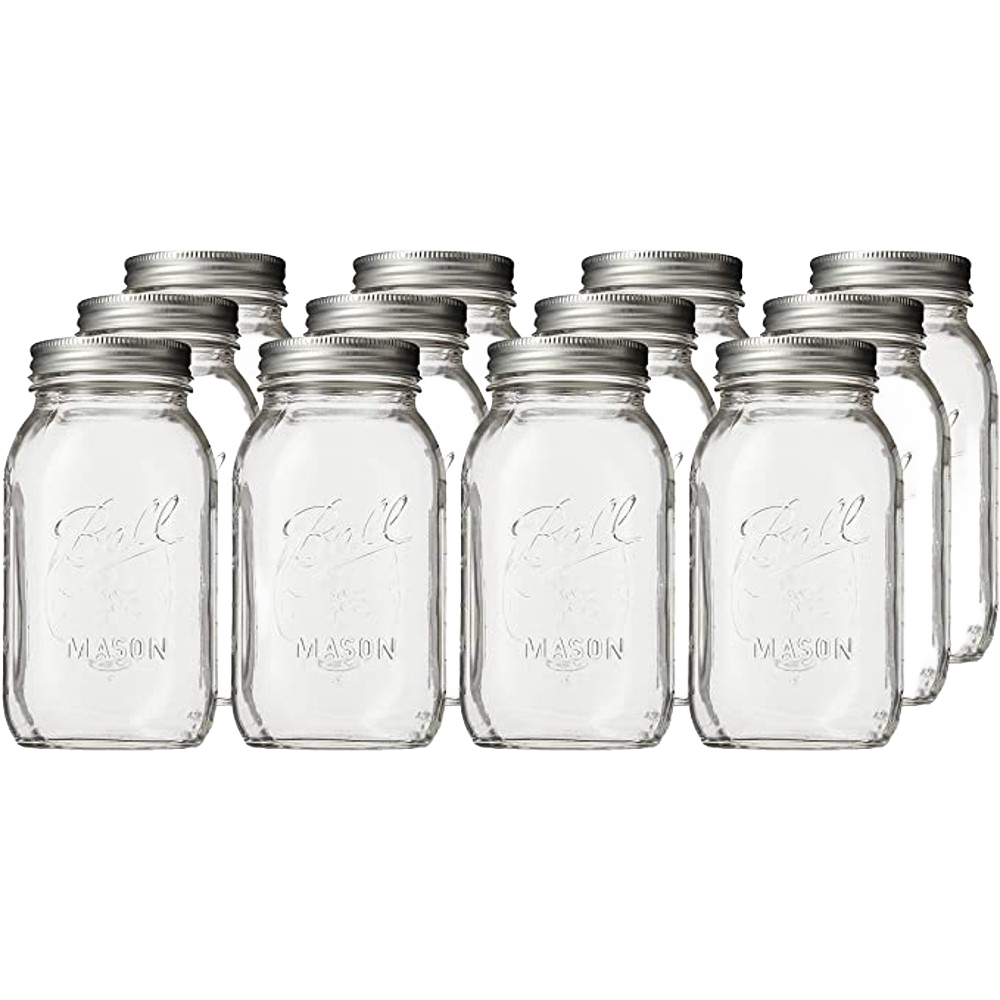 Set of twelve clear glass regular-mouth Ball canning jars with metal lids, made in USA, perfect for Kitchen & Food, Food Preservation, Canning, and Best Sellers collections.