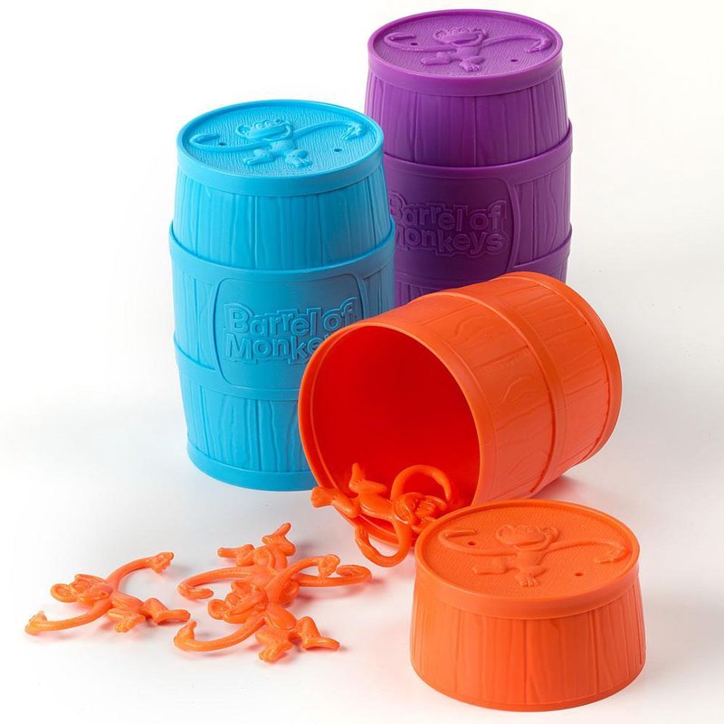 Colorful plastic barrels with embossed lids, one tipped over spilling linked orange monkeys, part of handcrafted children's toys in Toys, Books & Games and Best Sellers collections.