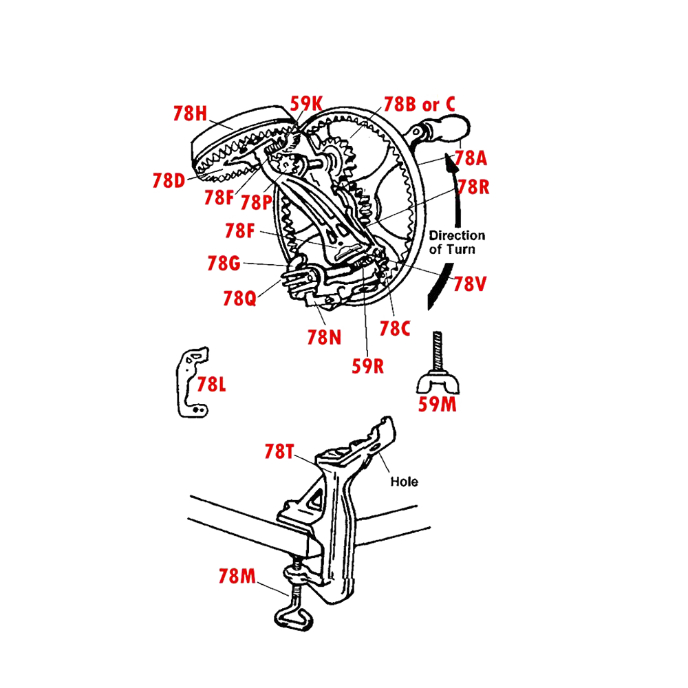 Detailed technical illustration of a bronze gear component and assembly parts for an apple peeler, highlighting individual replacement pieces for kitchen and specialty equipment in farm and garden tool collections.