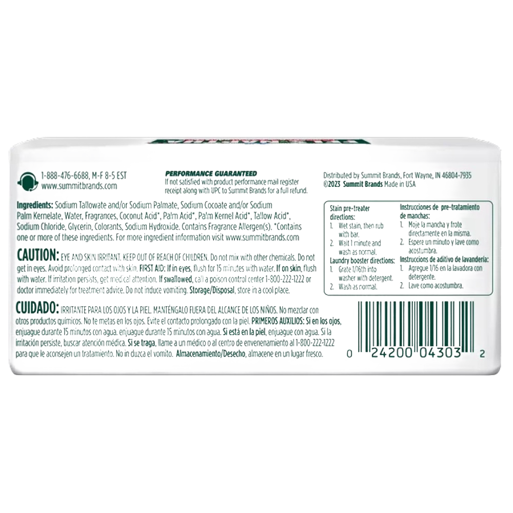 Back of a handcrafted laundry soap bar with ingredient list, usage instructions, caution warnings, and a barcode, made in USA and featured in Home & Decor, Laundry Supplies, and Best Sellers collections.