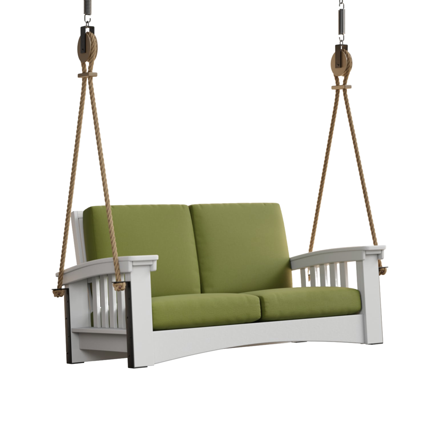 Handcrafted 6 ft porch swing with durable white painted cypress frame and plush olive green cushions, suspended by sturdy rope, ideal for Home & Decor, Outdoor Furniture, USA Made, Amish Made, Best Sellers, and Promo Eligible collections.