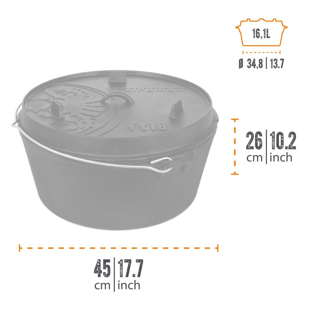 Large cast iron Dutch oven with a sturdy wire handle and embossed lid featuring a decorative design, suitable for Kitchen & Food, Cookware, Cast Iron, Best Sellers collections.